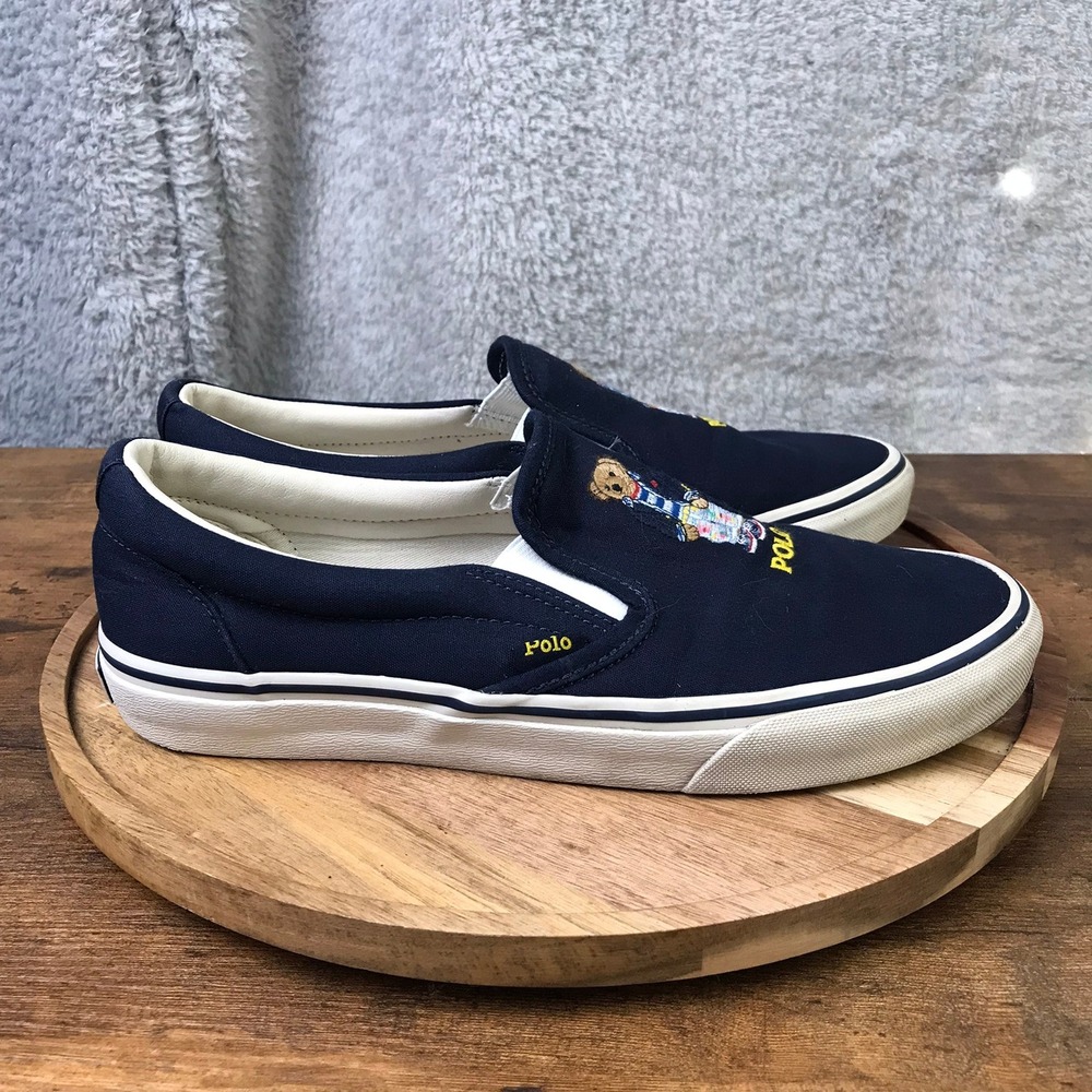 Polo Ralph Lauren Keaton Slip On Shoes Men 9.5 Navy Blue Polo Bear Canvas Loafer